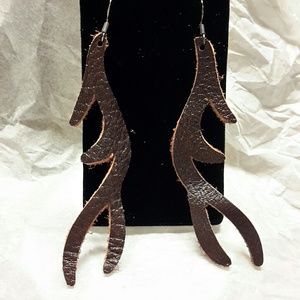 Dark Brown Leather deer Antler Earrings
